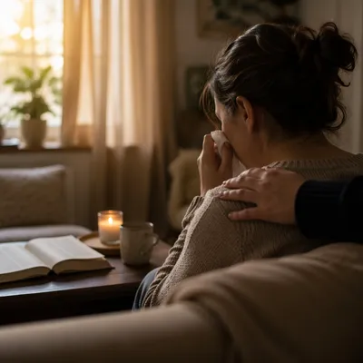 Woman Comforted While Wiping Tears at Home