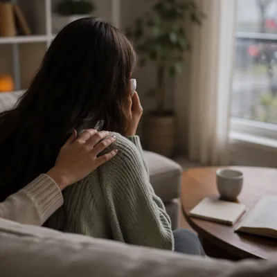 Comforting Hand as Woman Wipes Tears