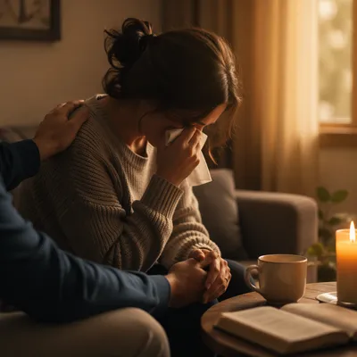 Woman Comforted While Wiping Tears