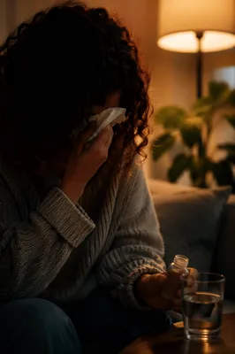 Woman Wiping Tears in Warm Home