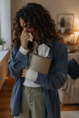 Woman Wiping Tears in Cozy Home