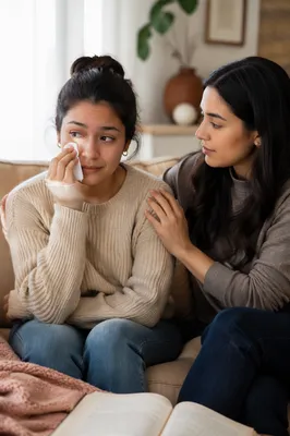 Woman Wiping Tears on Living Room Sofa