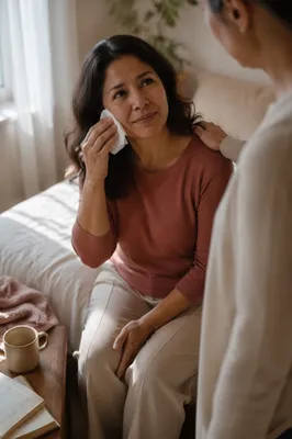 Tearful Woman Comforted in Sunlit Bedroom
