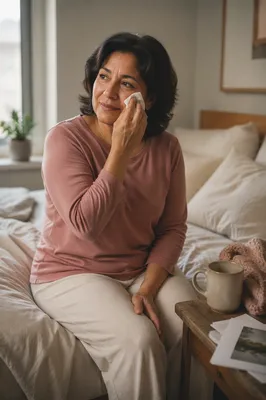 Woman Wiping Tears in Bedroom Morning Light