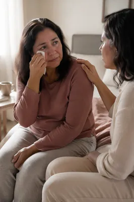 Woman Wiping Tears in Sunlit Bedroom