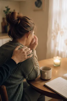 Woman Comforted While Wiping Morning Tears