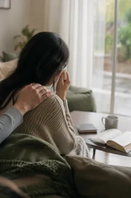 Comforting Hand as Woman Wipes Tears