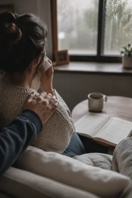Woman Comforted with Tissue by Rainy Window
