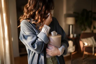 Woman Wiping Tears in Warm Living Room