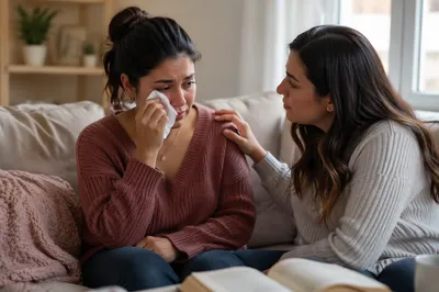Woman Wiping Tears on Sofa