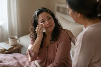Emotional Woman Wiping Tears in Bedroom