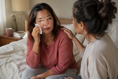 Woman Wiping Tears on Bedroom Bed