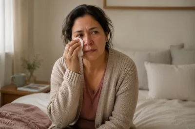 Woman Wiping Tears in Quiet Bedroom