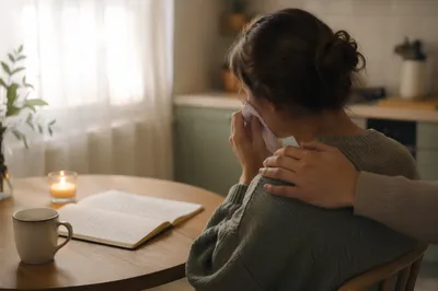 Woman Wiping Tears in Gentle Morning Comfort