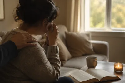 Comforting Hand as Woman Wipes Tears