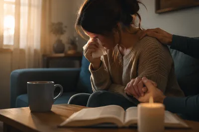 Woman Comforted While Wiping Tears