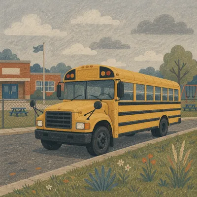 Yellow School Bus Outside Elementary School