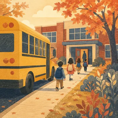 Yellow School Bus at Autumn Campus