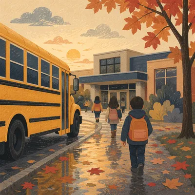 Yellow School Bus at Autumn Sunrise