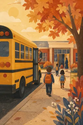 Yellow School Bus at Autumn Campus