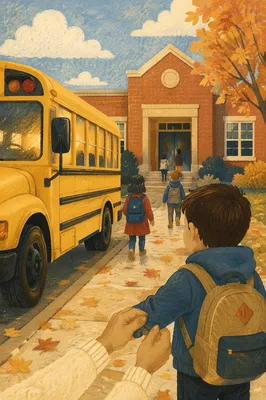 Yellow School Bus at Autumn School Entrance
