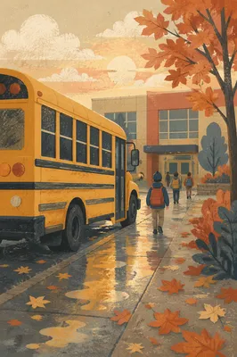 Yellow School Bus at Autumn Morning Drop-Off