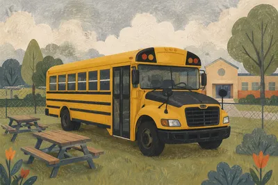 Yellow School Bus at Suburban Campus