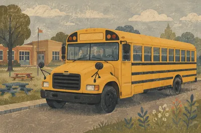 Yellow School Bus Outside Elementary School