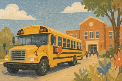 Yellow School Bus at Brick School