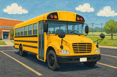 Yellow School Bus Outside School Building
