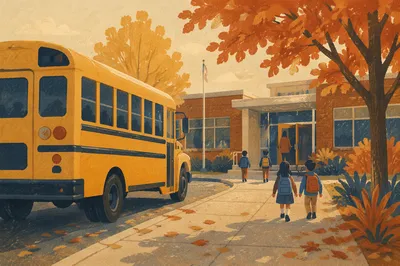 Yellow School Bus at Autumn Campus
