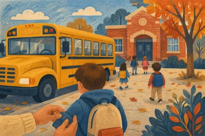 Yellow School Bus at Autumn School Entrance