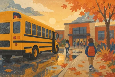 Yellow School Bus at Autumn Campus