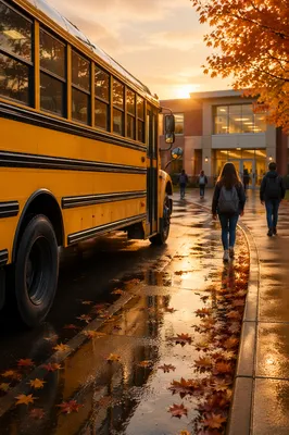 Yellow School Bus at Sunrise School Entrance