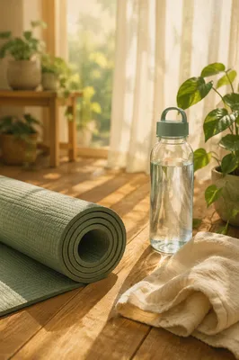 Rolled Yoga Mat and Water Bottle