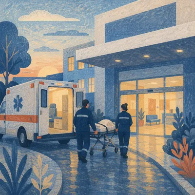 Ambulance Arriving at Hospital Entrance Dawn