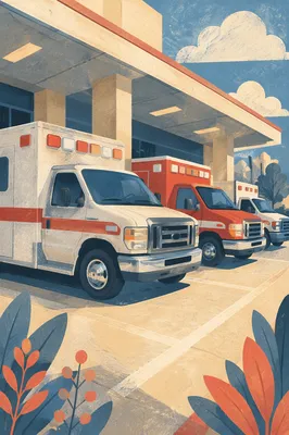 Ambulances Lined Up at Hospital Entrance