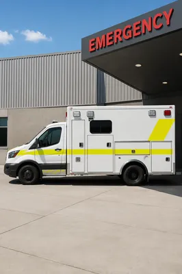 Ambulance Parked at Modern Hospital Entrance