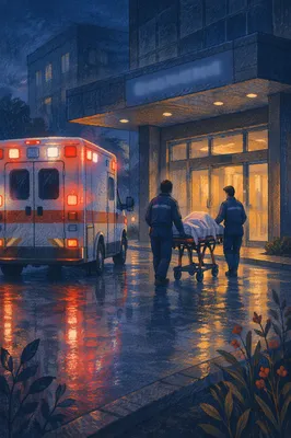 Ambulance at Hospital Entrance Blue Hour