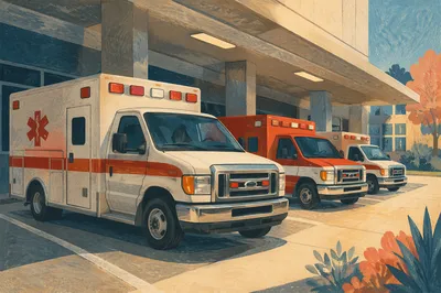 Ambulances at Modern Hospital Emergency Entrance