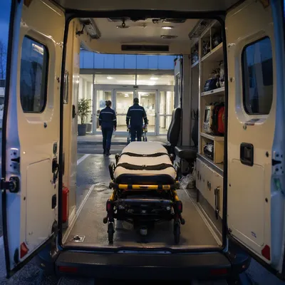 Ambulance at Hospital Entrance at Dusk