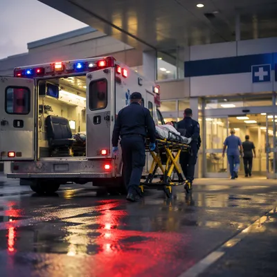Ambulance at Modern Hospital Emergency Entrance