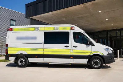 Ambulance Parked at Modern Hospital Entrance