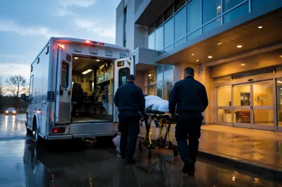 Ambulance at Hospital Entrance After Sunrise