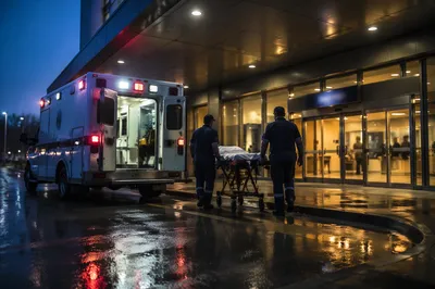 Ambulance at Hospital Entrance Blue Hour