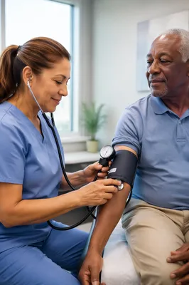 Nurse Checking Patient Blood Pressure in Clinic