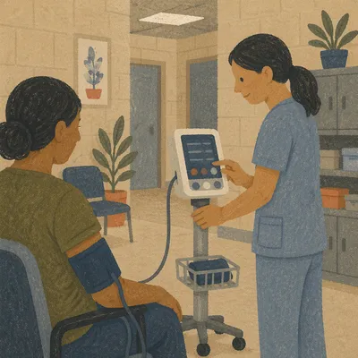 Routine Blood Pressure Check in Clinic Hallway