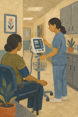 Routine Blood Pressure Check in Clinic Hallway