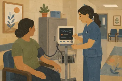 Calm Blood Pressure Check in Clinic Hallway