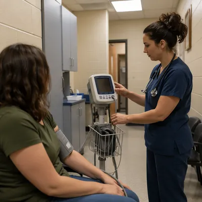 Routine Blood Pressure Check in Clinic Hallway